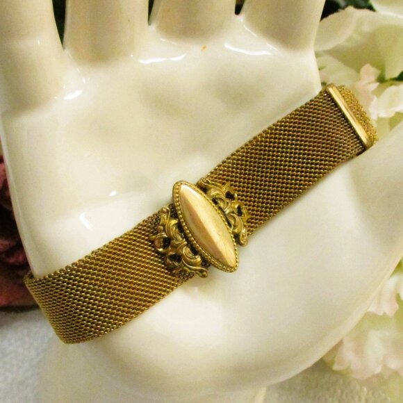 VICTORIAN Gold Filled Mesh Slide Bracelet ~ ANTIQUE Gold Fancy Slide Bracelet - Picture 11 of 13